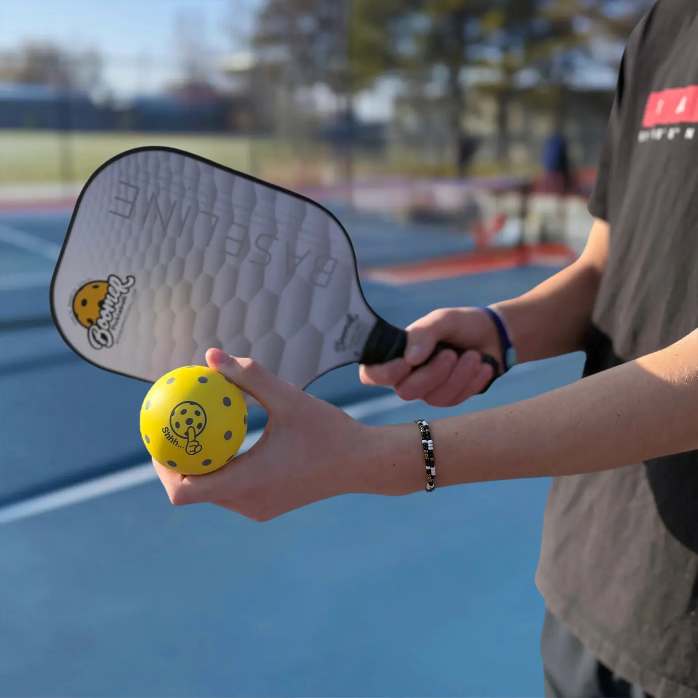 Boomer quiet foam pickleball with baseline paddle